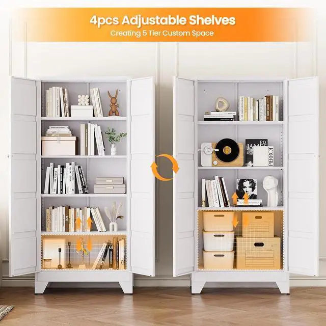 Alt view image 5 of 7 - 71" Tall Kitchen Cabinet Storage Unit With 2 Doors and 4 Adjustable Shelves, Metal White Freestanding Cupboard, 5 Tier Kitchen Pantry Storage Cabinet for Kitchen Dining/Living Room/Garage/Home/Office