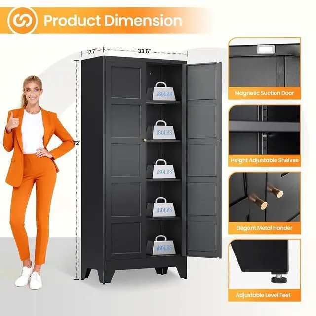 Alt view image 3 of 7 - 72" Tall Kitchen Cabinet Storage Unit With 2 Doors and 4 Adjustable Shelves, Metal Black Freestanding Cupboard, 5 Tier Kitchen Pantry Storage Cabinet for Kitchen Dining/Living Room/Garage/Home/Office