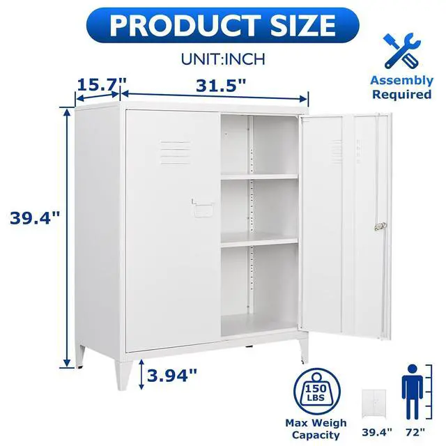 Alt view image 3 of 6 - Metal Storage Cabinet with Lock, Locking Cabinets Office Storage Caninet with 2 Doors and Shelves, Lockable Steel Locker Floor Caninets Cupboard, Small Sideboard Buffet Cabnet for Home Office