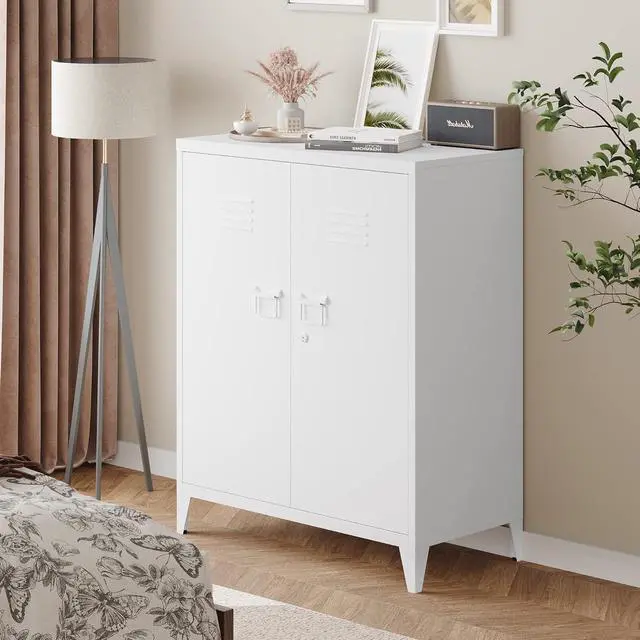 Alt view image 2 of 6 - Metal Storage Cabinet with Lock, Locking Cabinets Office Storage Caninet with 2 Doors and Shelves, Lockable Steel Locker Floor Caninets Cupboard, Small Sideboard Buffet Cabnet for Home Office