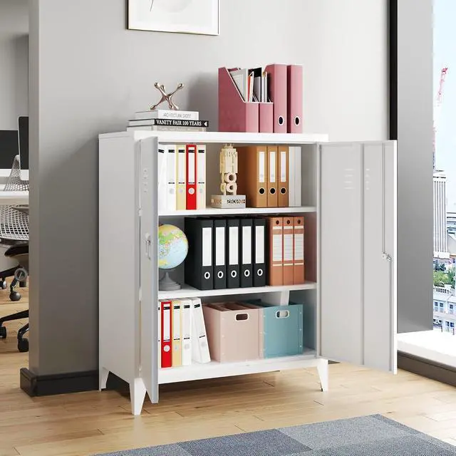 Alt view image 4 of 6 - Metal Storage Cabinet with Lock, Locking Cabinets Office Storage Caninet with 2 Doors and Shelves, Lockable Steel Locker Floor Caninets Cupboard, Small Sideboard Buffet Cabnet for Home Office