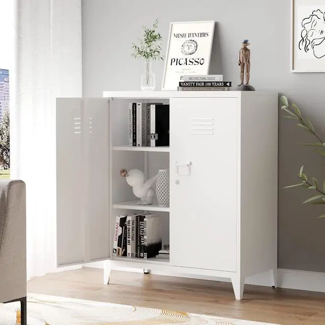 Alt view image 6 of 6 - Metal Storage Cabinet with Lock, Locking Cabinets Office Storage Caninet with 2 Doors and Shelves, Lockable Steel Locker Floor Caninets Cupboard, Small Sideboard Buffet Cabnet for Home Office