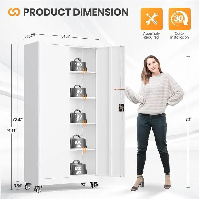 Alt view image 2 of 7 - Garage Storage Cabinet with Doors and Shelves, Garage Cabinets with Wheels, Metal Lockable Storage Caninet,Tall Tool Cabnet on Wheels for Workshop/Home/Office/Shop - (White 75H)