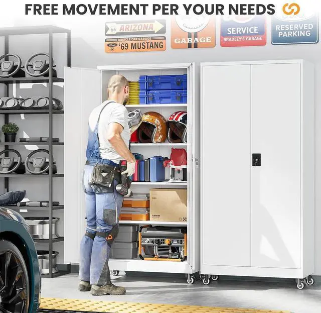 Alt view image 3 of 7 - Garage Storage Cabinet with Doors and Shelves, Garage Cabinets with Wheels, Metal Lockable Storage Caninet,Tall Tool Cabnet on Wheels for Workshop/Home/Office/Shop - (White 75H)