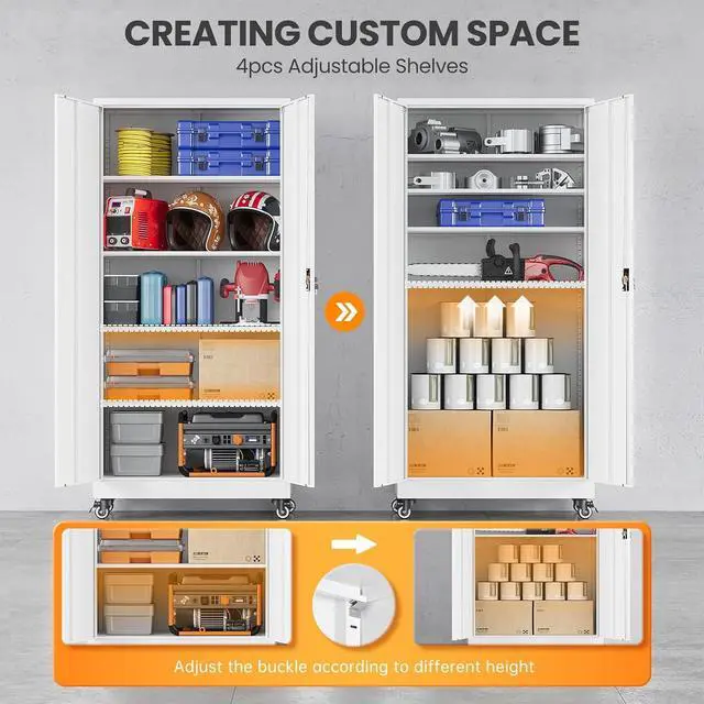 Alt view image 4 of 7 - Garage Storage Cabinet with Doors and Shelves, Garage Cabinets with Wheels, Metal Lockable Storage Caninet,Tall Tool Cabnet on Wheels for Workshop/Home/Office/Shop - (White 75H)