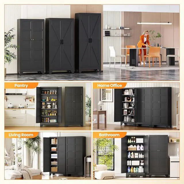 Alt view image 4 of 7 - 72" Tall Kitchen Cabinet Storage Unit With 2 Doors and 4 Adjustable Shelves, Metal Black Freestanding Cupboard, 5 Tier Kitchen Pantry Storage Cabinet for Kitchen Dining/Living Room/Garage/Home/Office