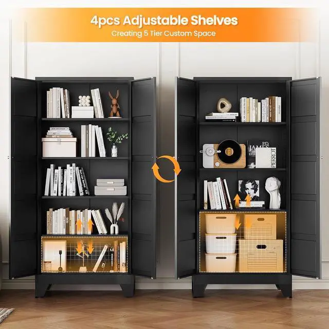Alt view image 5 of 7 - 72" Tall Kitchen Cabinet Storage Unit With 2 Doors and 4 Adjustable Shelves, Metal Black Freestanding Cupboard, 5 Tier Kitchen Pantry Storage Cabinet for Kitchen Dining/Living Room/Garage/Home/Office