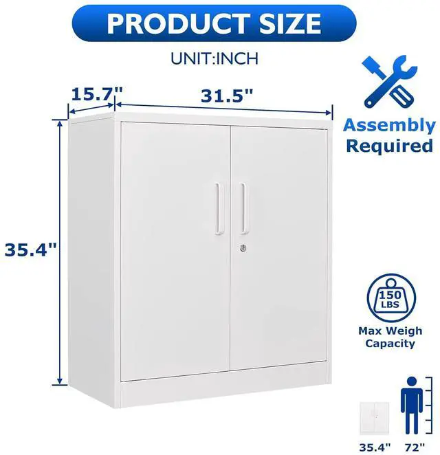 Alt view image 3 of 7 - Metal Storage Cabinets with Locking Doors, 36 inch Lockable Steel Office Cabinet with Adjustable Shelves, Small Short Garage Caninet, White Locked Tool Caninets for Home, Office, Garage, Hallway