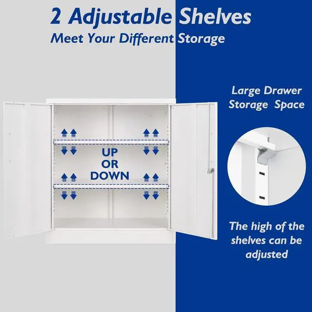 Alt view image 4 of 7 - Metal Storage Cabinets with Locking Doors, 36 inch Lockable Steel Office Cabinet with Adjustable Shelves, Small Short Garage Caninet, White Locked Tool Caninets for Home, Office, Garage, Hallway