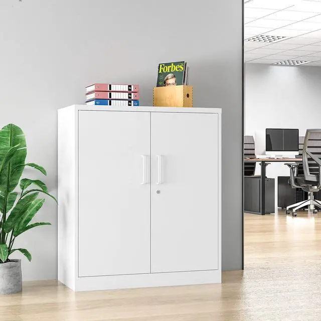 Alt view image 2 of 7 - Metal Storage Cabinets with Locking Doors, 36 inch Lockable Steel Office Cabinet with Adjustable Shelves, Small Short Garage Caninet, White Locked Tool Caninets for Home, Office, Garage, Hallway