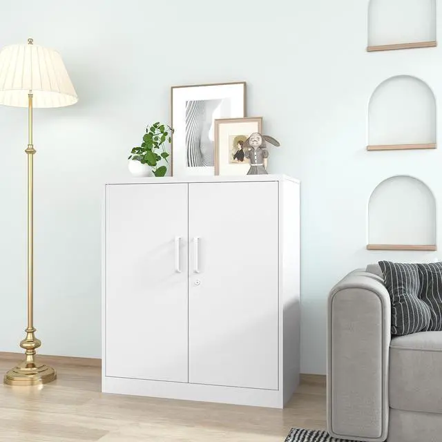 Alt view image 6 of 7 - Metal Storage Cabinets with Locking Doors, 36 inch Lockable Steel Office Cabinet with Adjustable Shelves, Small Short Garage Caninet, White Locked Tool Caninets for Home, Office, Garage, Hallway