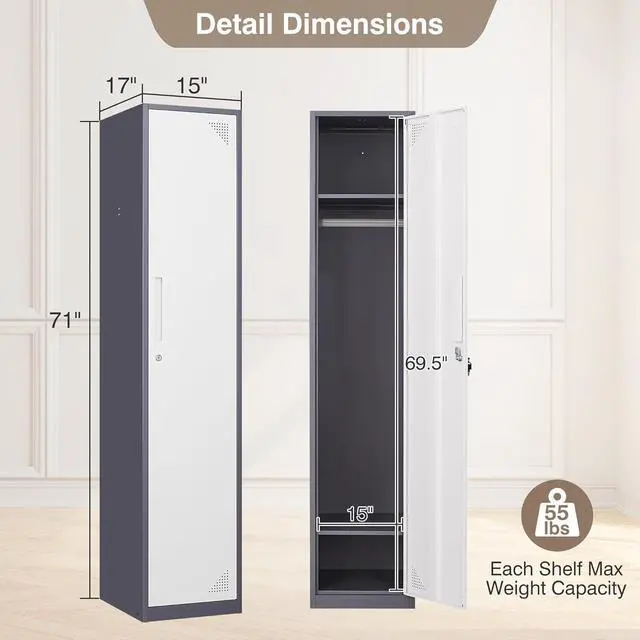Alt view image 3 of 7 - Metal Storage Locker, Metal Locker with 1 Doors, 71" Tall Steel Storage Lockers for Employees, Locker Storage Cabinets Organizer for School, Gym, Home Office, Staff