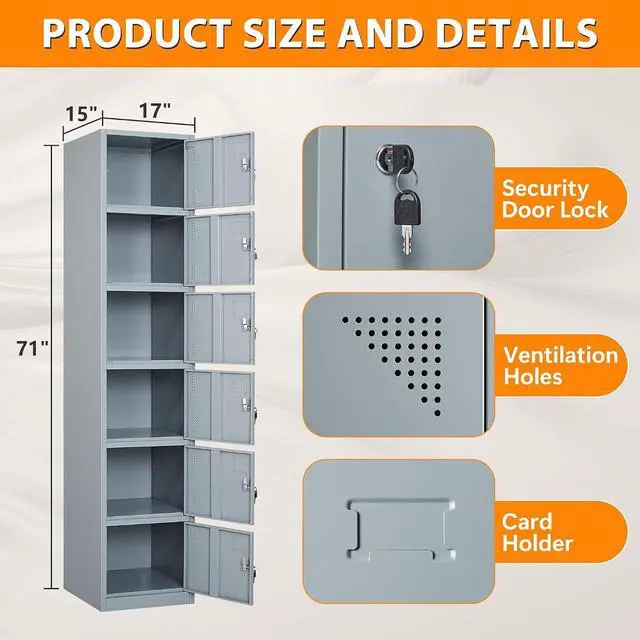 Alt view image 3 of 6 - Metal Storage Locker, Metal Locker with 6 Doors, 71" Tall Steel Storage Lockers for Employees, Locker Storage Cabinets Organizer for School, Gym, Home Office, Staff