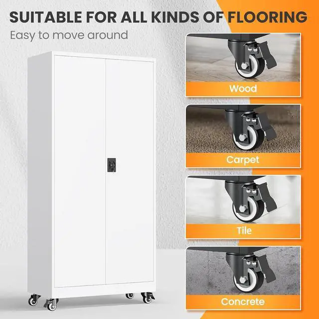 Alt view image 6 of 7 - Garage Storage Cabinet with Doors and Shelves, Garage Cabinets with Wheels, Metal Lockable Storage Caninet,Tall Tool Cabnet on Wheels for Workshop/Home/Office/Shop - (White 75H)