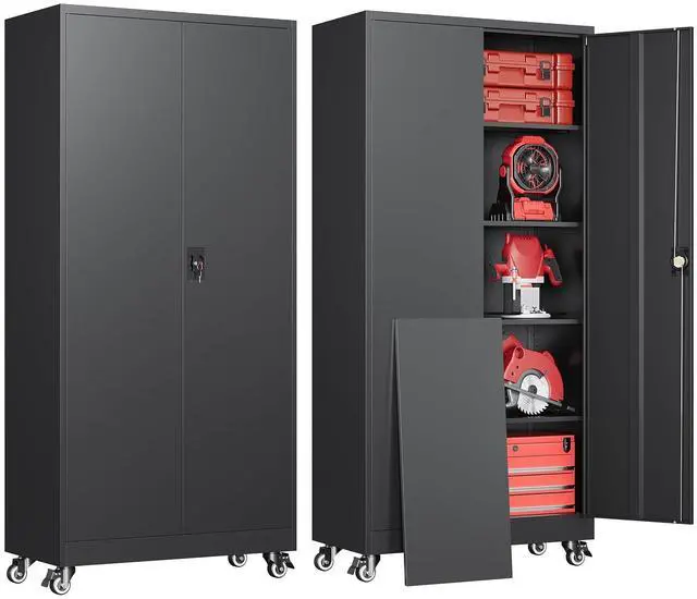 Main image of Metal Garage Storage Cabinets with Wheels, Rolling Tool Cabinet with Lock, Locking Garage Caninet on Wheels with Shelves, Steel 2 Door Tall Tool Cabnets for Workshop/Home/Office - (Black 75H)