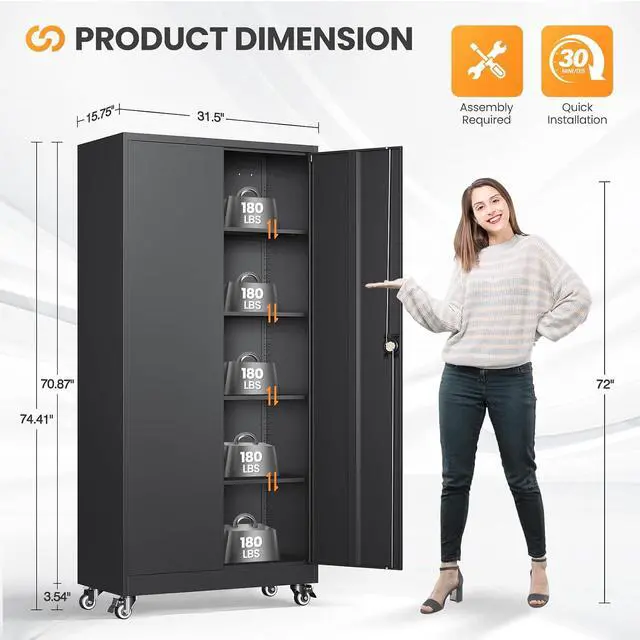 Alt view image 2 of 7 - Metal Garage Storage Cabinets with Wheels, Rolling Tool Cabinet with Lock, Locking Garage Caninet on Wheels with Shelves, Steel 2 Door Tall Tool Cabnets for Workshop/Home/Office - (Black 75H)