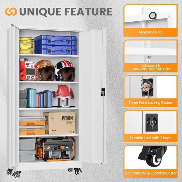 Alt view image 7 of 7 - Garage Storage Cabinet with Doors and Shelves, Garage Cabinets with Wheels, Metal Lockable Storage Caninet,Tall Tool Cabnet on Wheels for Workshop/Home/Office/Shop - (White 75H)