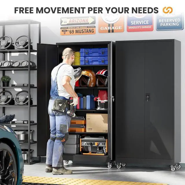 Alt view image 3 of 7 - Metal Garage Storage Cabinets with Wheels, Rolling Tool Cabinet with Lock, Locking Garage Caninet on Wheels with Shelves, Steel 2 Door Tall Tool Cabnets for Workshop/Home/Office - (Black 75H)