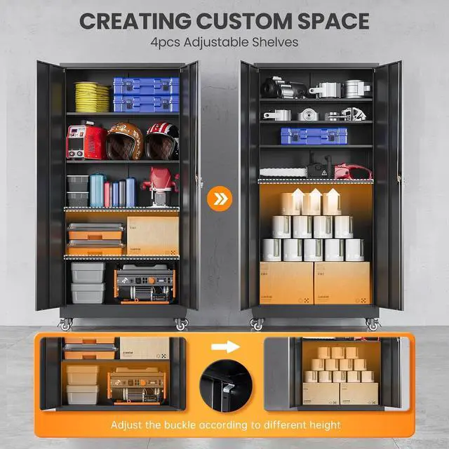 Alt view image 4 of 7 - Metal Garage Storage Cabinets with Wheels, Rolling Tool Cabinet with Lock, Locking Garage Caninet on Wheels with Shelves, Steel 2 Door Tall Tool Cabnets for Workshop/Home/Office - (Black 75H)