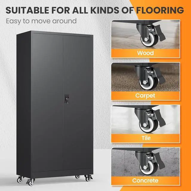 Alt view image 6 of 7 - Metal Garage Storage Cabinets with Wheels, Rolling Tool Cabinet with Lock, Locking Garage Caninet on Wheels with Shelves, Steel 2 Door Tall Tool Cabnets for Workshop/Home/Office - (Black 75H)
