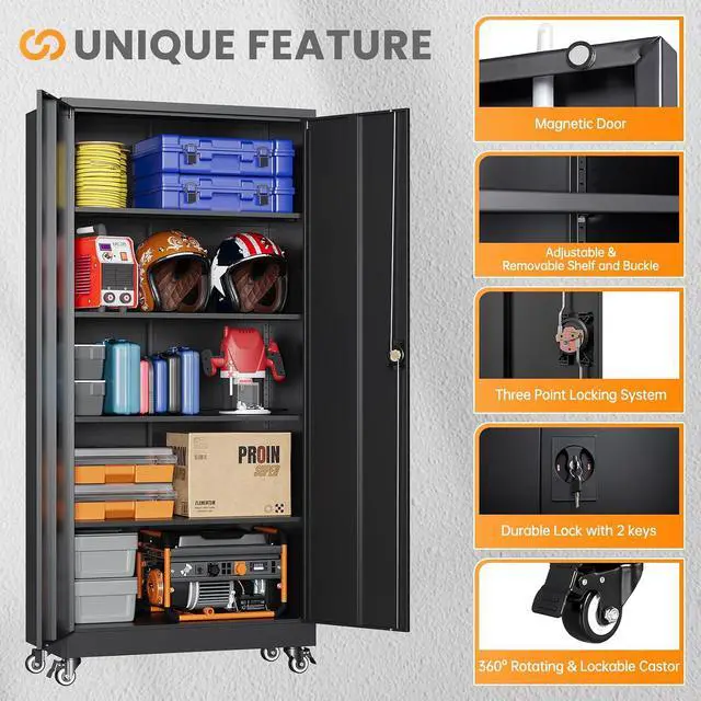 Alt view image 7 of 7 - Metal Garage Storage Cabinets with Wheels, Rolling Tool Cabinet with Lock, Locking Garage Caninet on Wheels with Shelves, Steel 2 Door Tall Tool Cabnets for Workshop/Home/Office - (Black 75H)