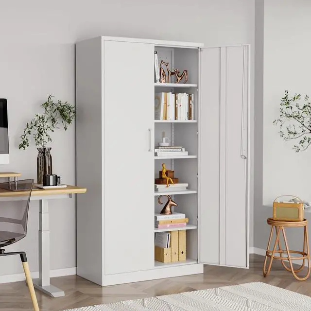 Alt view image 2 of 7 - 71" H Metal Storage Cabinet with Lock, White Garage Cabinets with 2 Doors and 5 Adjustable Shelves, Steel Locking Caninets Tall Tool Utility Caninet, Lockable Outdoor Furniture for Home Office