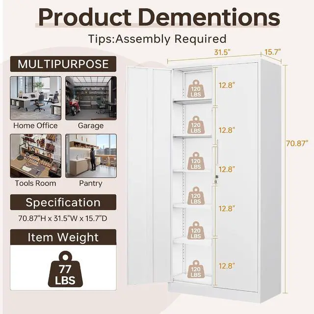 Alt view image 3 of 7 - 71" H Metal Storage Cabinet with Lock, White Garage Cabinets with 2 Doors and 5 Adjustable Shelves, Steel Locking Caninets Tall Tool Utility Caninet, Lockable Outdoor Furniture for Home Office