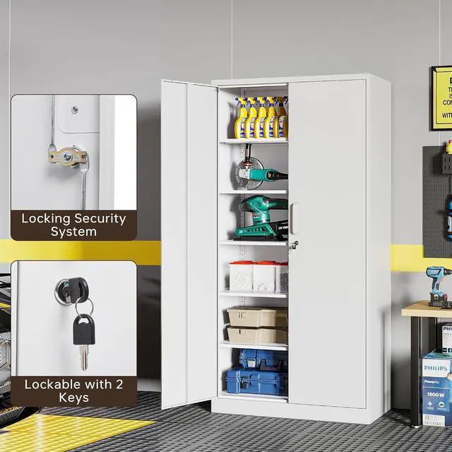 Alt view image 7 of 7 - 71" H Metal Storage Cabinet with Lock, White Garage Cabinets with 2 Doors and 5 Adjustable Shelves, Steel Locking Caninets Tall Tool Utility Caninet, Lockable Outdoor Furniture for Home Office