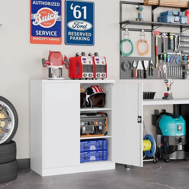 Alt view image 2 of 7 - Metal Garage Storage Cabinets with Lock, 36" Tall Tool Cabinet with 2 Door and 2 Adjustable Shelves, Locking Garage Cabinets and Lockable Steel Locker for Home Office Warehouse - (White-36H)