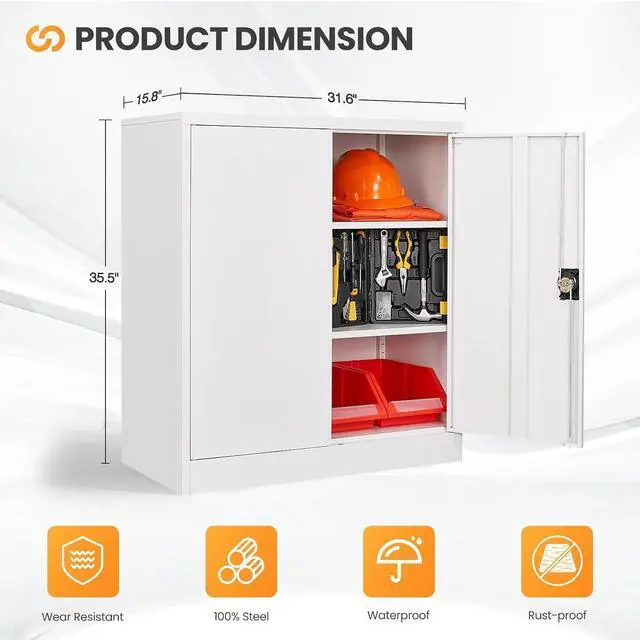 Alt view image 3 of 7 - Metal Garage Storage Cabinets with Lock, 36" Tall Tool Cabinet with 2 Door and 2 Adjustable Shelves, Locking Garage Cabinets and Lockable Steel Locker for Home Office Warehouse - (White-36H)