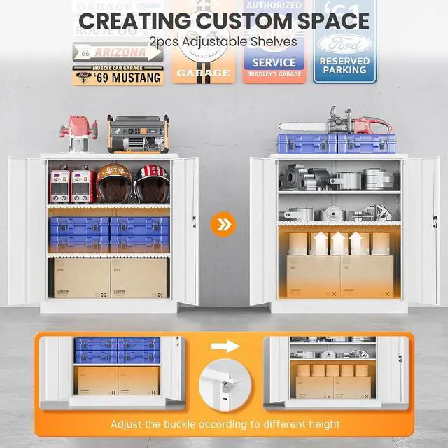 Alt view image 4 of 7 - Metal Garage Storage Cabinets with Lock, 36" Tall Tool Cabinet with 2 Door and 2 Adjustable Shelves, Locking Garage Cabinets and Lockable Steel Locker for Home Office Warehouse - (White-36H)