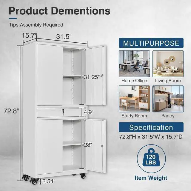 Alt view image 2 of 7 - White Metal Storage Cabinet with Wheels, 73" Tall Garage Rolling Storage Cabinets with Doors and Shelves, Lockable Tool Caninet Steel Locking Cabnets for Home Office, Garage, Pantry