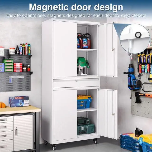 Alt view image 3 of 7 - White Metal Storage Cabinet with Wheels, 73" Tall Garage Rolling Storage Cabinets with Doors and Shelves, Lockable Tool Caninet Steel Locking Cabnets for Home Office, Garage, Pantry