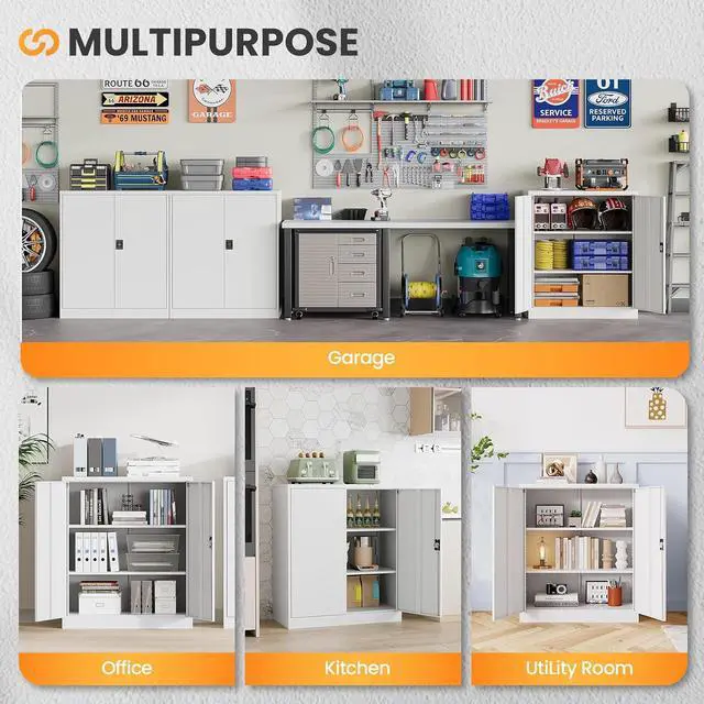 Alt view image 7 of 7 - Metal Garage Storage Cabinets with Lock, 36" Tall Tool Cabinet with 2 Door and 2 Adjustable Shelves, Locking Garage Cabinets and Lockable Steel Locker for Home Office Warehouse - (White-36H)