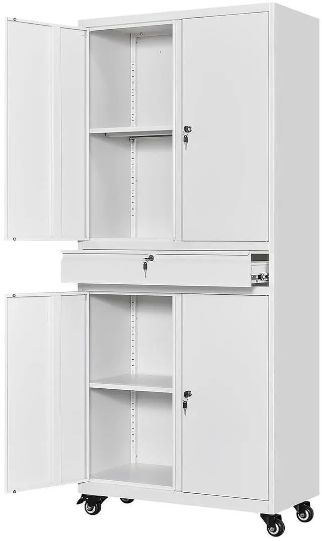 Main image of White Metal Storage Cabinet with Wheels, 73" Tall Garage Rolling Storage Cabinets with Doors and Shelves, Lockable Tool Caninet Steel Locking Cabnets for Home Office, Garage, Pantry