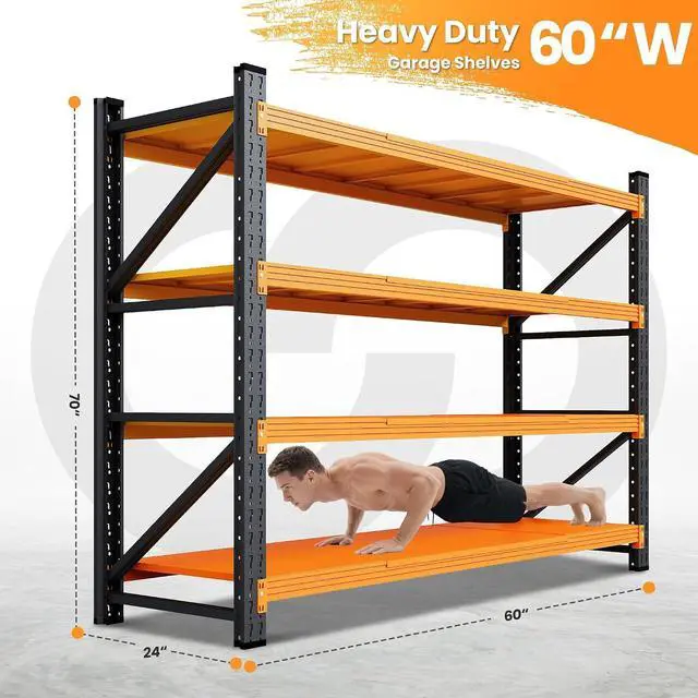 Alt view image 2 of 7 - 60" Wide Garage Shelving Heavy Duty, 24" Deep Large Storage Shelves, 4 Tier Tall Steel Industrial Shelving, 5000 LBS Adjustable Standing Shelf for Warehouse/Shop 60" W x 24" D x 70" H