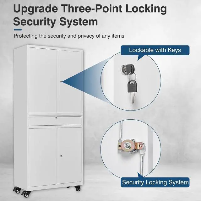 Alt view image 5 of 7 - White Metal Storage Cabinet with Wheels, 73" Tall Garage Rolling Storage Cabinets with Doors and Shelves, Lockable Tool Caninet Steel Locking Cabnets for Home Office, Garage, Pantry