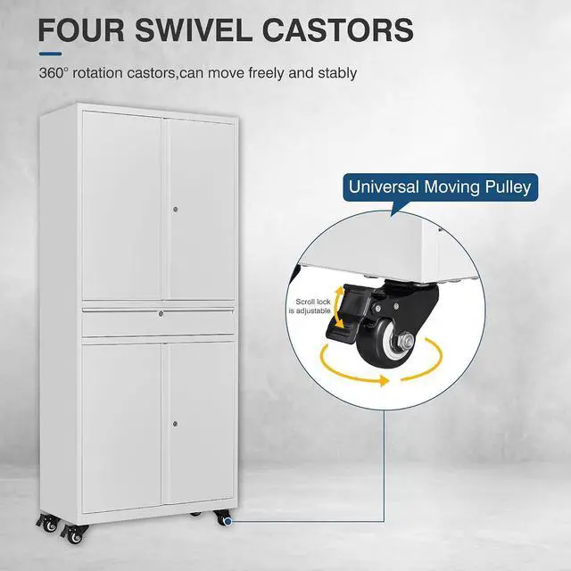Alt view image 6 of 7 - White Metal Storage Cabinet with Wheels, 73" Tall Garage Rolling Storage Cabinets with Doors and Shelves, Lockable Tool Caninet Steel Locking Cabnets for Home Office, Garage, Pantry