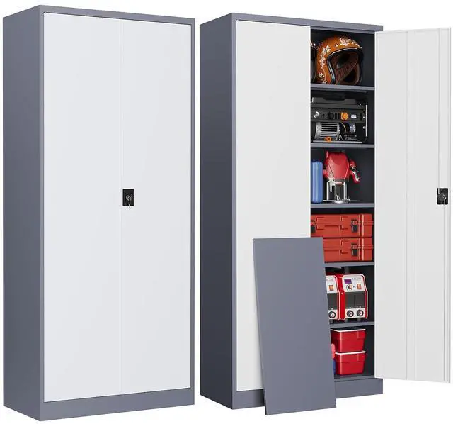 Main image of Metal Garage Storage Cabinets with Lock, 71" Tall Tool Cabinet with 2 Door and 5 Adjustable Shelves, Locking Garage Cabinets and Lockable Steel Locker for Home Office Warehouse-(Gray White-71H)