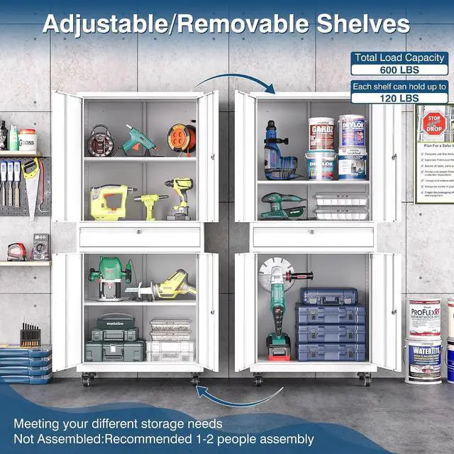 Alt view image 4 of 7 - White Metal Storage Cabinet with Wheels, 73" Tall Garage Rolling Storage Cabinets with Doors and Shelves, Lockable Tool Caninet Steel Locking Cabnets for Home Office, Garage, Pantry
