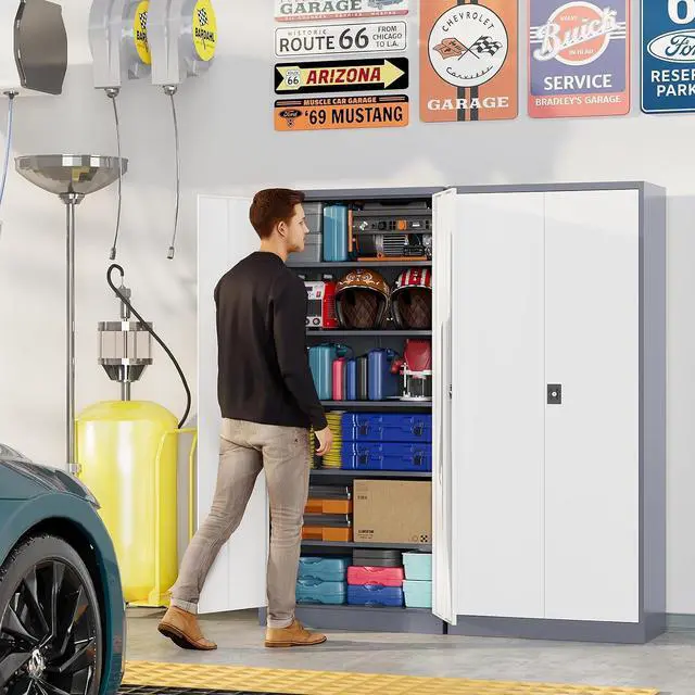 Alt view image 2 of 7 - Metal Garage Storage Cabinets with Lock, 71" Tall Tool Cabinet with 2 Door and 5 Adjustable Shelves, Locking Garage Cabinets and Lockable Steel Locker for Home Office Warehouse-(Gray White-71H)