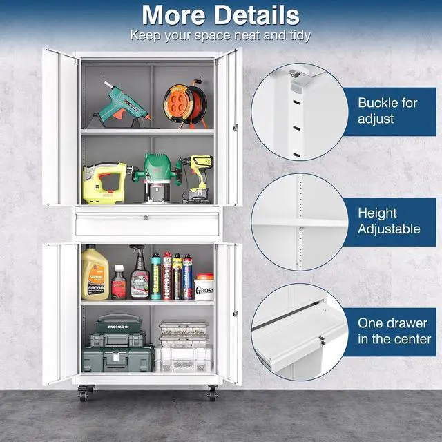 Alt view image 7 of 7 - White Metal Storage Cabinet with Wheels, 73" Tall Garage Rolling Storage Cabinets with Doors and Shelves, Lockable Tool Caninet Steel Locking Cabnets for Home Office, Garage, Pantry