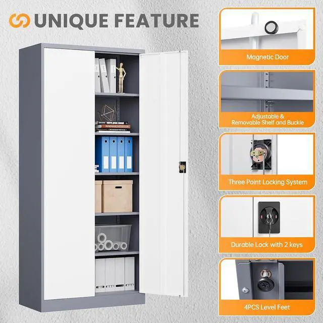 Alt view image 6 of 7 - Metal Garage Storage Cabinets with Lock, 71" Tall Tool Cabinet with 2 Door and 5 Adjustable Shelves, Locking Garage Cabinets and Lockable Steel Locker for Home Office Warehouse-(Gray White-71H)