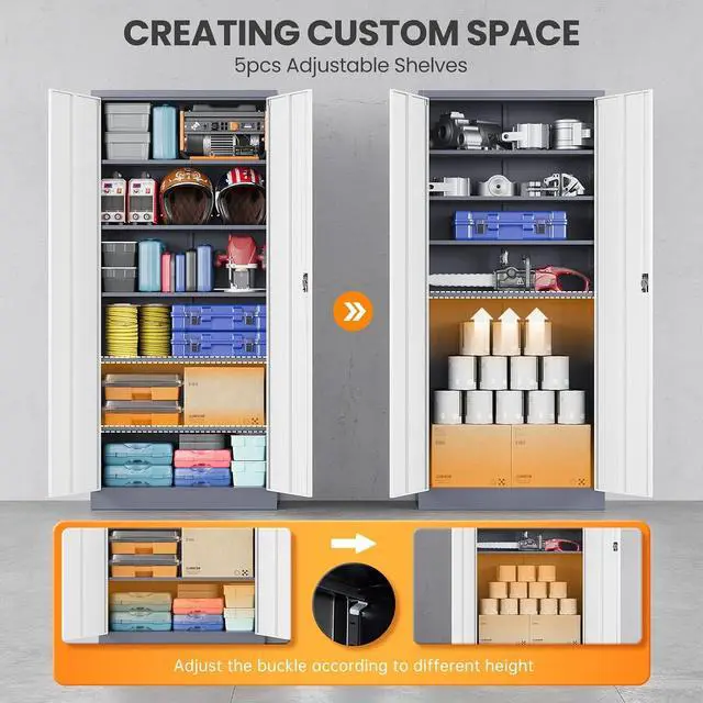 Alt view image 4 of 7 - Metal Garage Storage Cabinets with Lock, 71" Tall Tool Cabinet with 2 Door and 5 Adjustable Shelves, Locking Garage Cabinets and Lockable Steel Locker for Home Office Warehouse-(Gray White-71H)