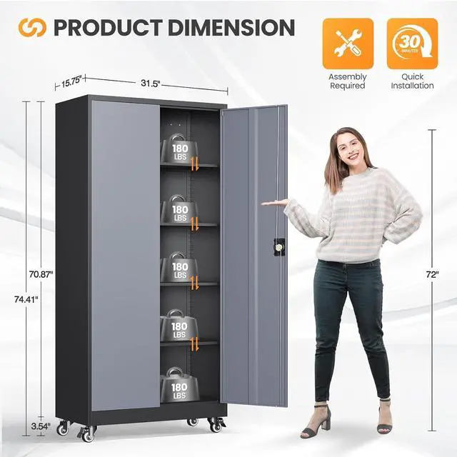Alt view image 2 of 7 - Metal Garage Cabinets with Wheels, Heavy Duty Rolling Storage Cabinet with Lock, Storage Caninet with 2 Doors and 4 Shelves, Outdoor Furniture Cabnet on Wheels for Workshop/Home/Office