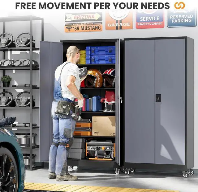 Alt view image 3 of 7 - Metal Garage Cabinets with Wheels, Heavy Duty Rolling Storage Cabinet with Lock, Storage Caninet with 2 Doors and 4 Shelves, Outdoor Furniture Cabnet on Wheels for Workshop/Home/Office