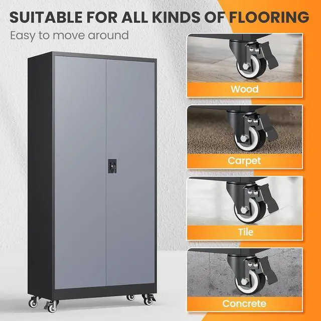 Alt view image 6 of 7 - Metal Garage Cabinets with Wheels, Heavy Duty Rolling Storage Cabinet with Lock, Storage Caninet with 2 Doors and 4 Shelves, Outdoor Furniture Cabnet on Wheels for Workshop/Home/Office