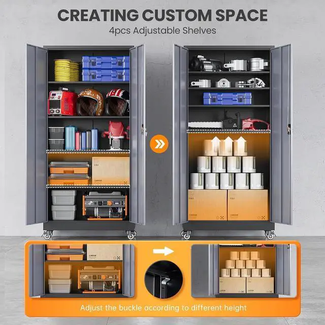 Alt view image 4 of 7 - Metal Garage Cabinets with Wheels, Heavy Duty Rolling Storage Cabinet with Lock, Storage Caninet with 2 Doors and 4 Shelves, Outdoor Furniture Cabnet on Wheels for Workshop/Home/Office