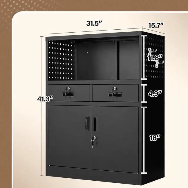 Alt view image 2 of 6 - Storage Cabinet with Drawers, 41.3" Steel Lockable Storage Cabinets with Doors and Side Pegboard, Metal Cabinet for Garage, School, Home Office, Black
