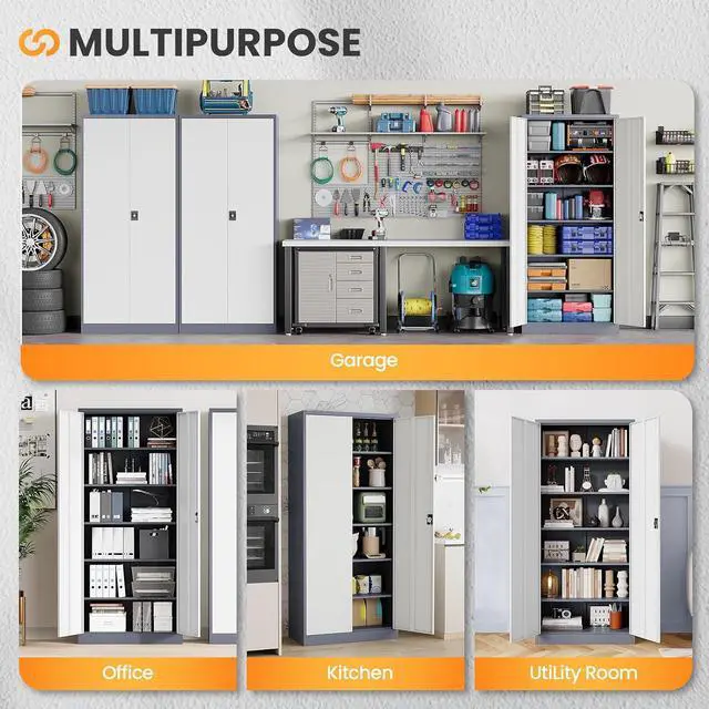 Alt view image 7 of 7 - Metal Garage Storage Cabinets with Lock, 71" Tall Tool Cabinet with 2 Door and 5 Adjustable Shelves, Locking Garage Cabinets and Lockable Steel Locker for Home Office Warehouse-(Gray White-71H)